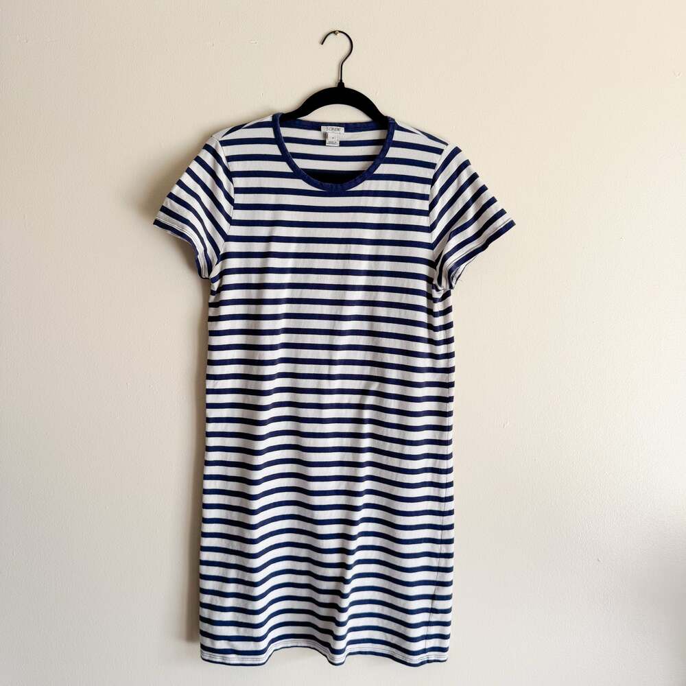J. Crew Factory Navy Blue + White Striped Short Sleeve Cotton Mini Dress - Med